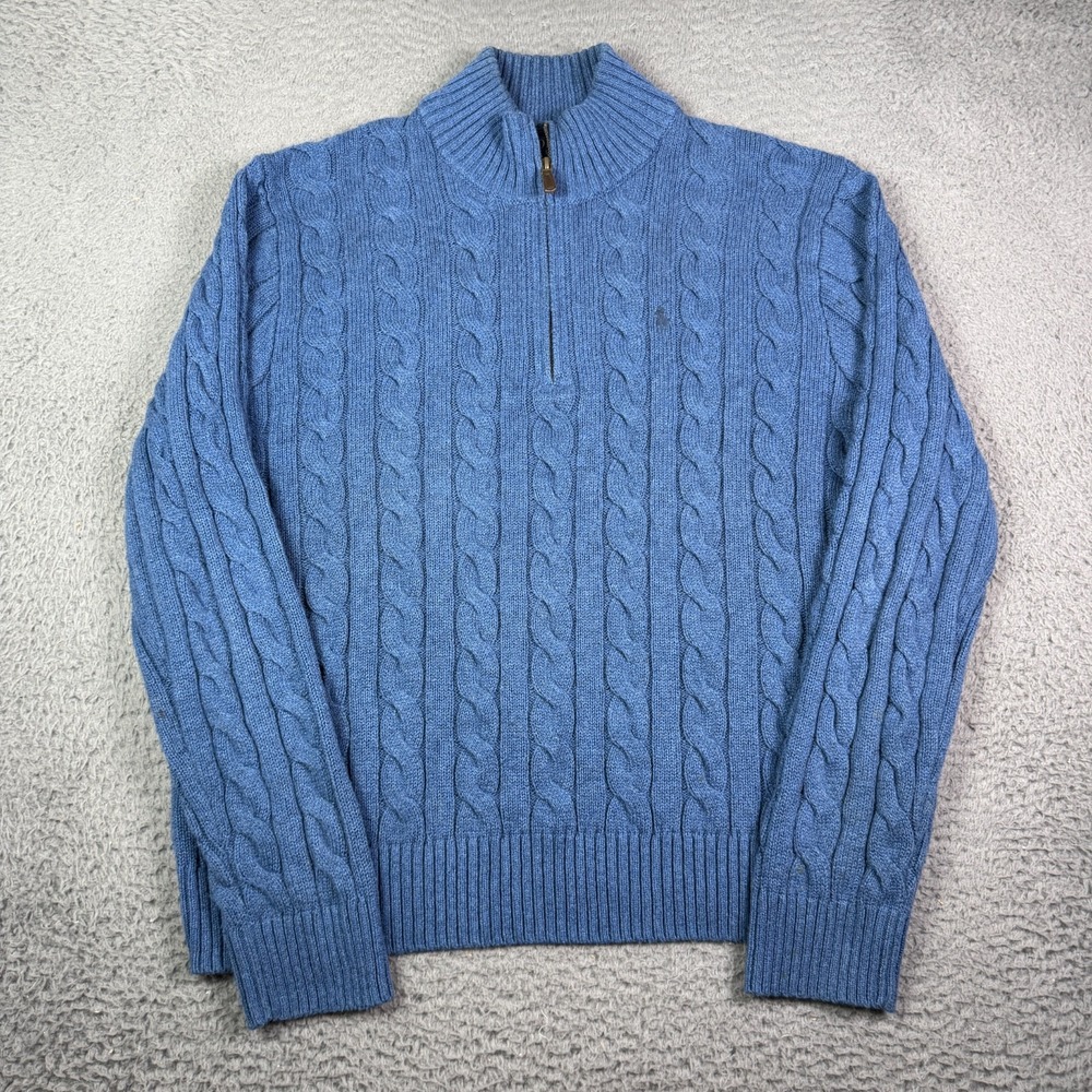 Polo Ralph Lauren Cable Knit 1/4 Zip Sweater Mens Large Blue Cotton Pullover